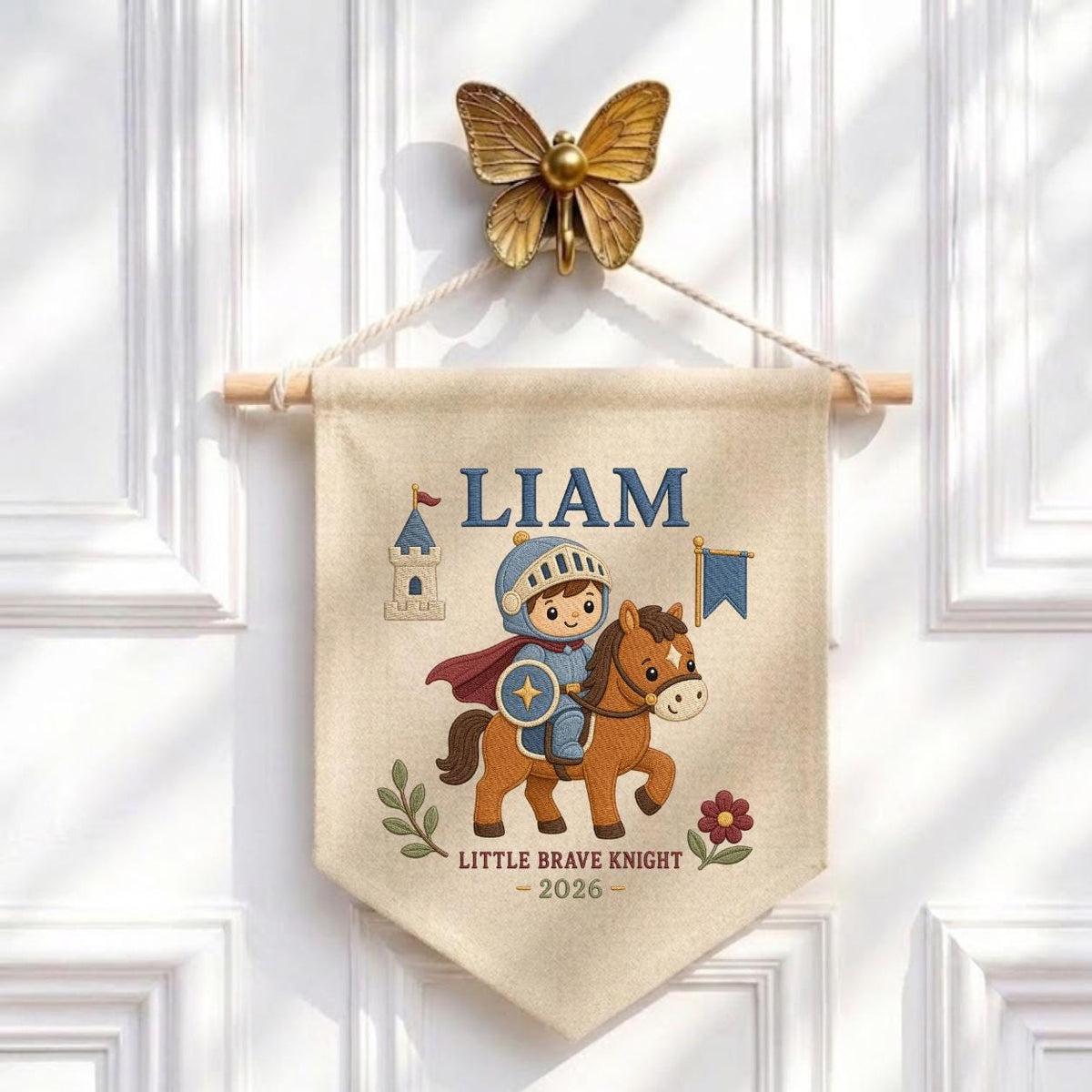 Personalized Embroidered Knight Banner, Custom Name, Baby Room Decor