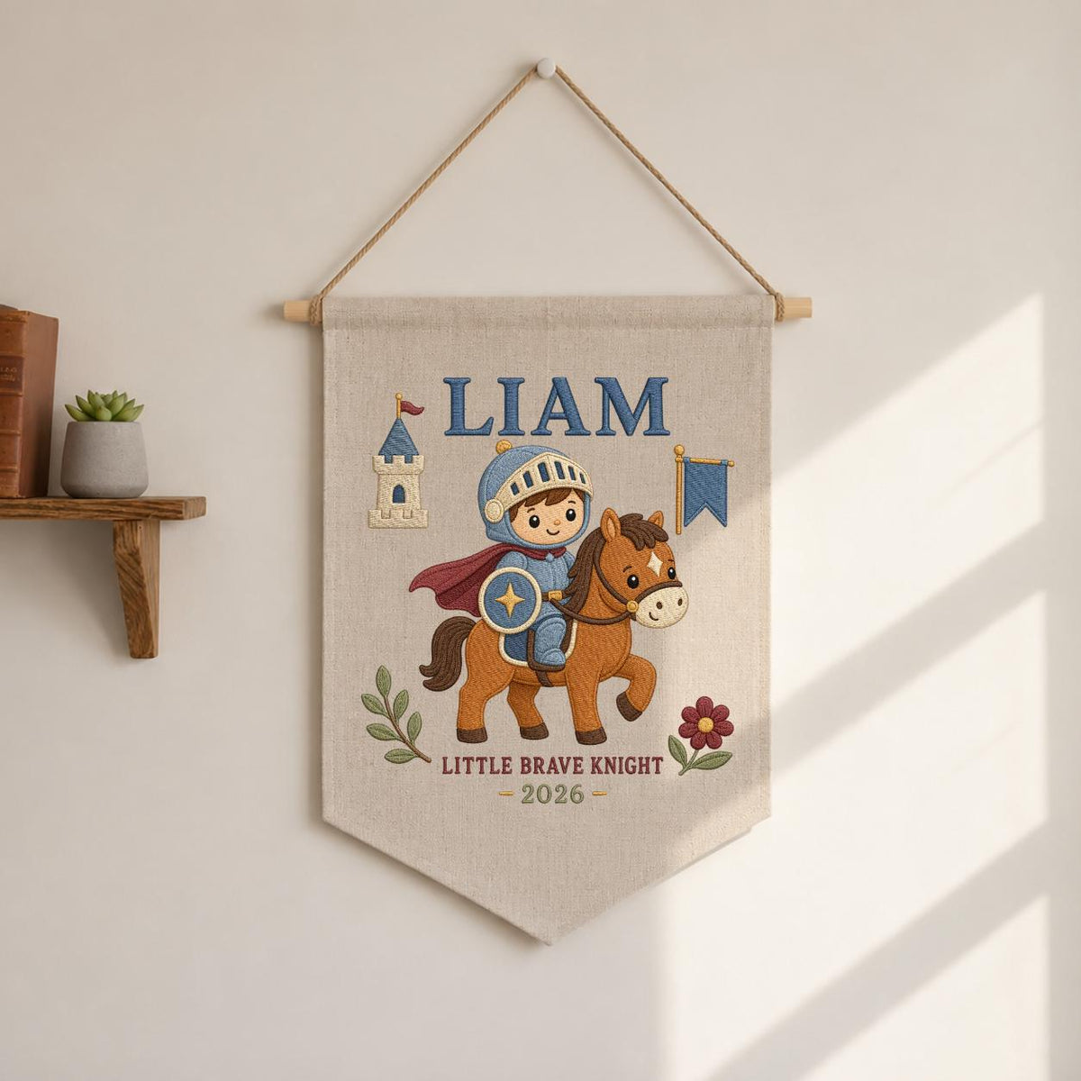 Personalized Embroidered Knight Banner, Custom Name, Baby Room Decor