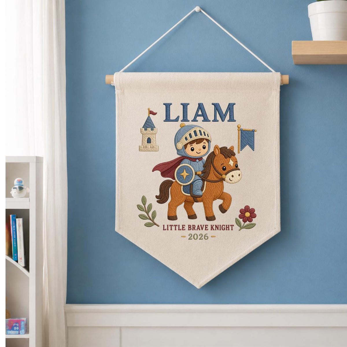 Personalized Embroidered Knight Banner, Custom Name, Baby Room Decor