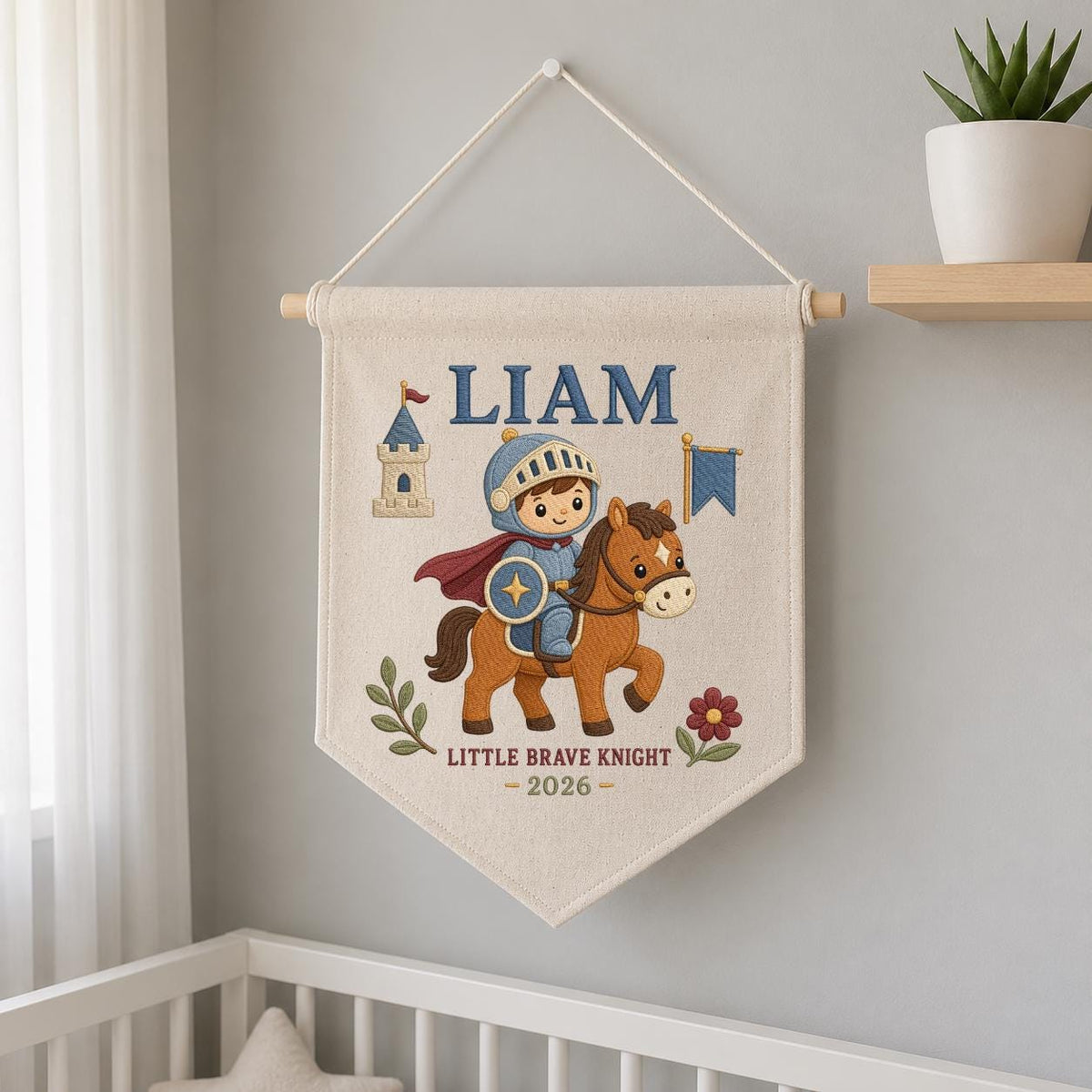 Personalized Embroidered Knight Banner, Custom Name, Baby Room Decor