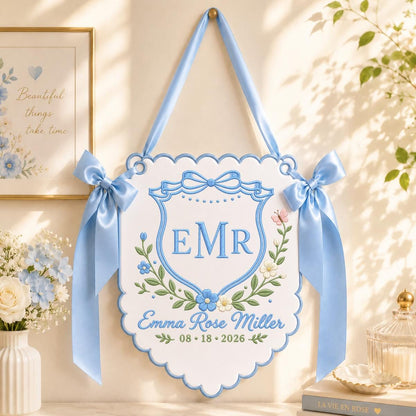 Personalized Baby Girl Monogram Scalloped Banner Decor, Custom Embroidered Name Date Initial Crest Sign, Hospital Door Hanger