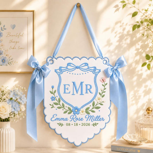 Personalized Baby Girl Monogram Scalloped Banner Decor, Custom Embroidered Name Date Initial Crest Sign, Hospital Door Hanger