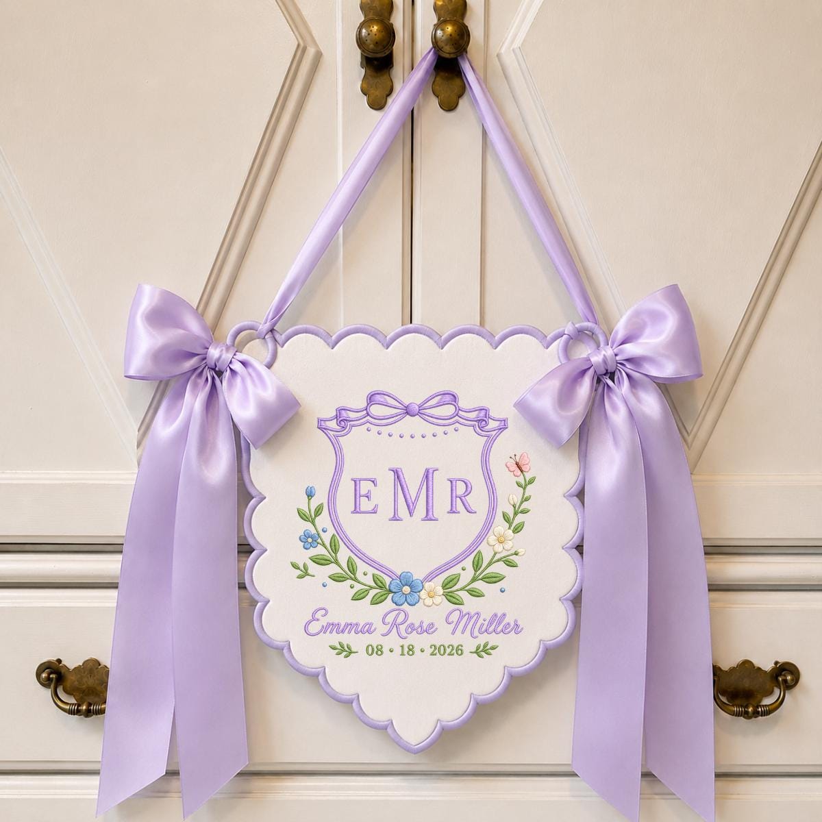 Personalized Baby Girl Monogram Scalloped Banner Decor, Custom Embroidered Name Date Initial Crest Sign, Hospital Door Hanger