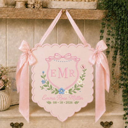 Personalized Baby Girl Monogram Scalloped Banner Decor, Custom Embroidered Name Date Initial Crest Sign, Hospital Door Hanger