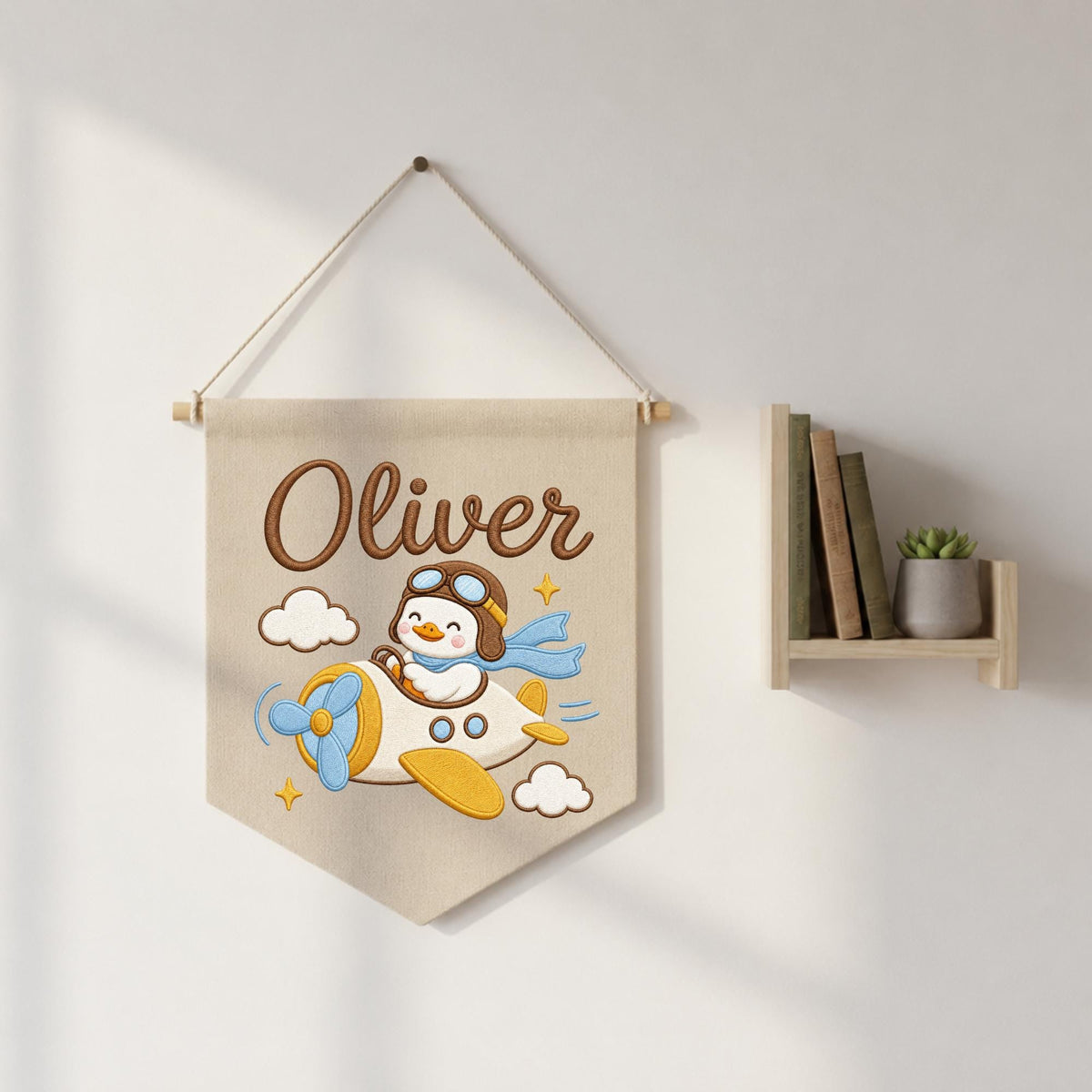 Personalized Embroidered Duck Airplane Wall Hanging Banner, Custom Baby Name Sign, Aviation Nursery Decor, Baby Boy Gift