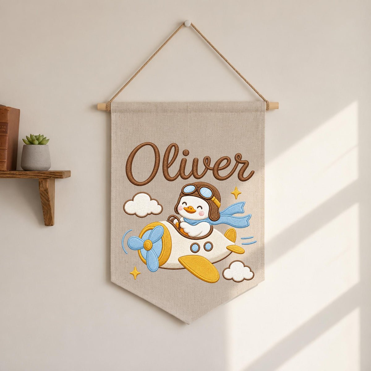 Personalized Embroidered Duck Airplane Wall Hanging Banner, Custom Baby Name Sign, Aviation Nursery Decor, Baby Boy Gift