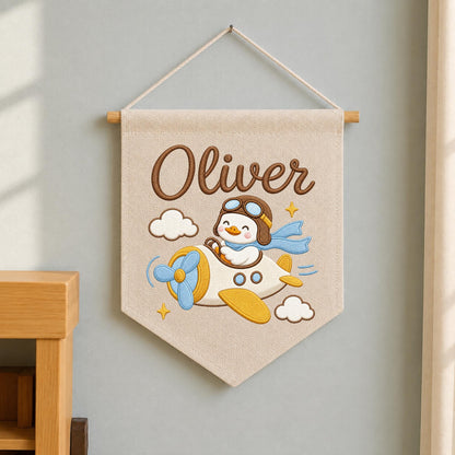 Personalized Embroidered Duck Airplane Wall Hanging Banner, Custom Baby Name Sign, Aviation Nursery Decor, Baby Boy Gift