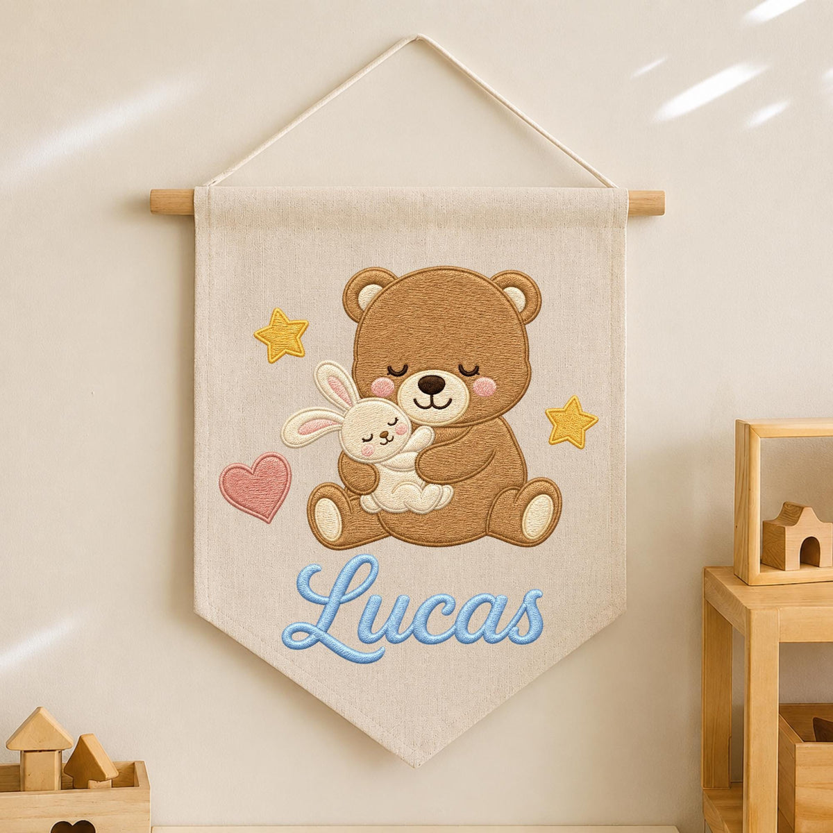 Personalized Embroidered Teddy Bear Wall Hanging Banner, Custom Baby Name Sign, Bunny Nursery Decor, Baby Shower Gift