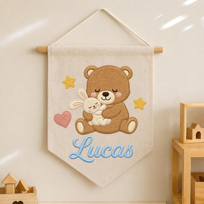 Personalized Embroidered Teddy Bear Wall Hanging Banner, Custom Baby Name Sign, Bunny Nursery Decor, Baby Shower Gift