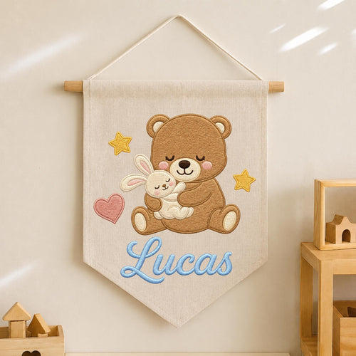 Personalized Embroidered Teddy Bear Wall Hanging Banner, Custom Baby Name Sign, Bunny Nursery Decor, Baby Shower Gift