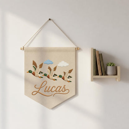 Personalized Embroidered Mallard Duck Wall Hanging Banner, Custom Baby Name Sign, Flying Duck Nursery Decor, Baby Boy Gift
