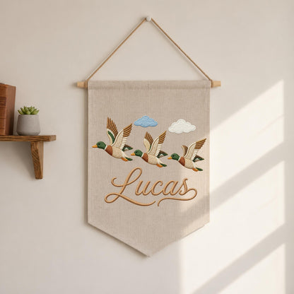 Personalized Embroidered Mallard Duck Wall Hanging Banner, Custom Baby Name Sign, Flying Duck Nursery Decor, Baby Boy Gift