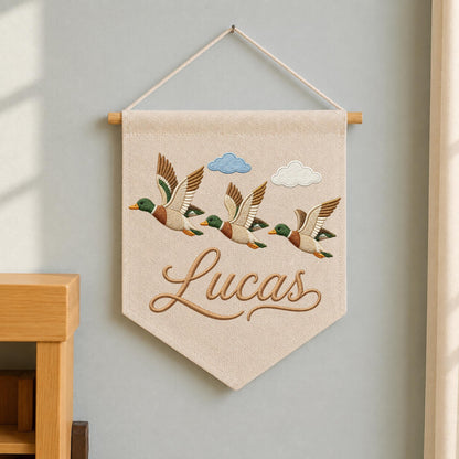 Personalized Embroidered Mallard Duck Wall Hanging Banner, Custom Baby Name Sign, Flying Duck Nursery Decor, Baby Boy Gift