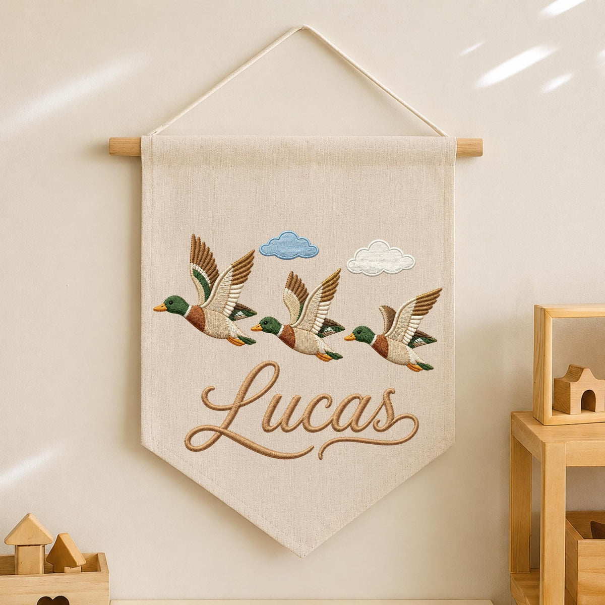 Personalized Embroidered Mallard Duck Wall Hanging Banner, Custom Baby Name Sign, Flying Duck Nursery Decor, Baby Boy Gift