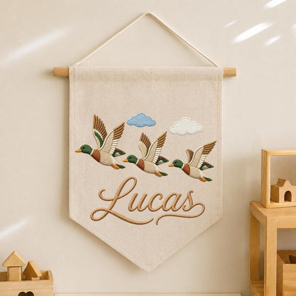 Personalized Embroidered Mallard Duck Wall Hanging Banner, Custom Baby Name Sign, Flying Duck Nursery Decor, Baby Boy Gift