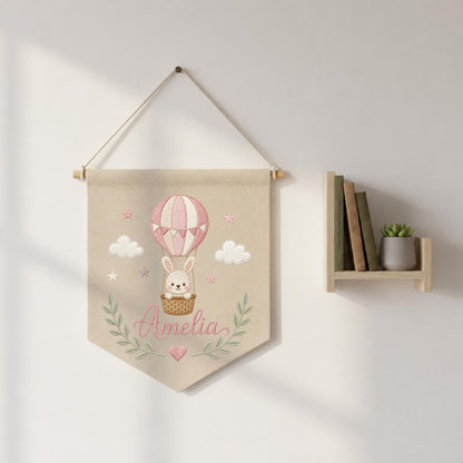Personalized Embroidered Hot Air Balloon Wall Hanging Banner, Custom Baby Name Sign, Bunny Nursery Decor, Baby Girl Gift