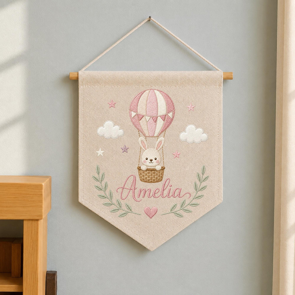 Personalized Embroidered Hot Air Balloon Wall Hanging Banner, Custom Baby Name Sign, Bunny Nursery Decor, Baby Girl Gift