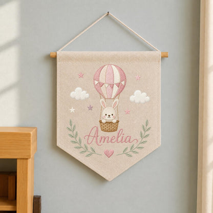 Personalized Embroidered Hot Air Balloon Wall Hanging Banner, Custom Baby Name Sign, Bunny Nursery Decor, Baby Girl Gift