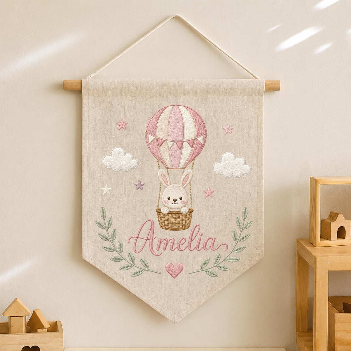 Personalized Embroidered Hot Air Balloon Wall Hanging Banner, Custom Baby Name Sign, Bunny Nursery Decor, Baby Girl Gift