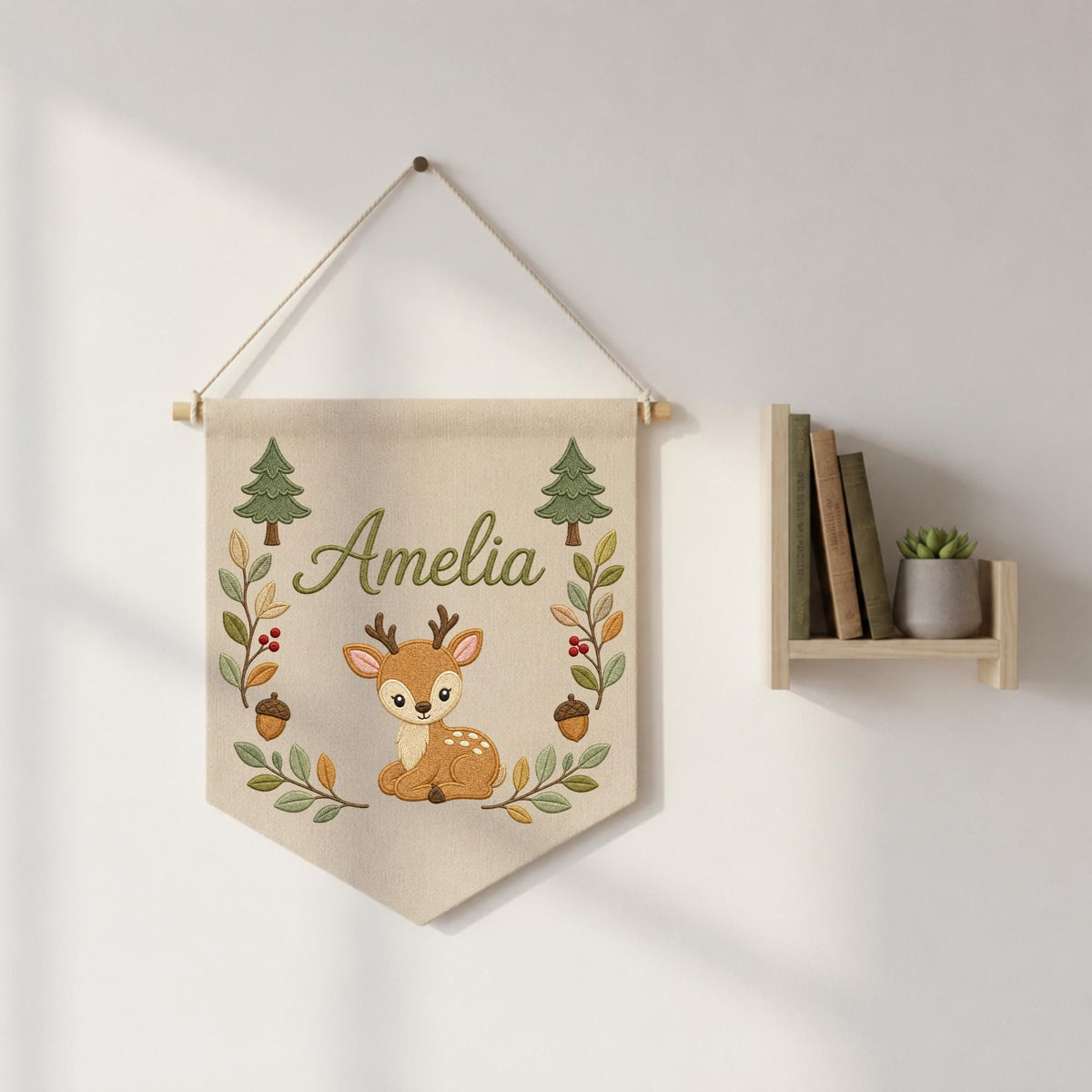 Personalized Embroidered Deer Wall Hanging Banner, Custom Baby Name Sign, Woodland Nursery Decor, Forest Baby Gift, Kids Room Decor