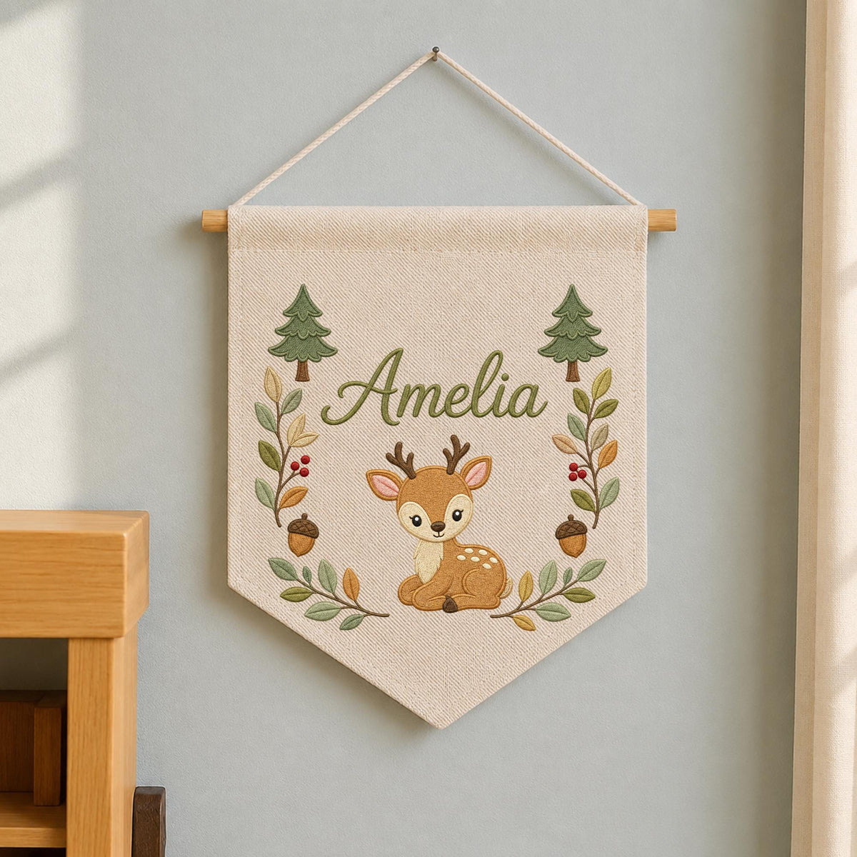 Personalized Embroidered Deer Wall Hanging Banner, Custom Baby Name Sign, Woodland Nursery Decor, Forest Baby Gift, Kids Room Decor