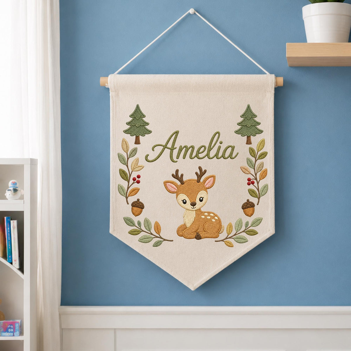 Personalized Embroidered Deer Wall Hanging Banner, Custom Baby Name Sign, Woodland Nursery Decor, Forest Baby Gift, Kids Room Decor