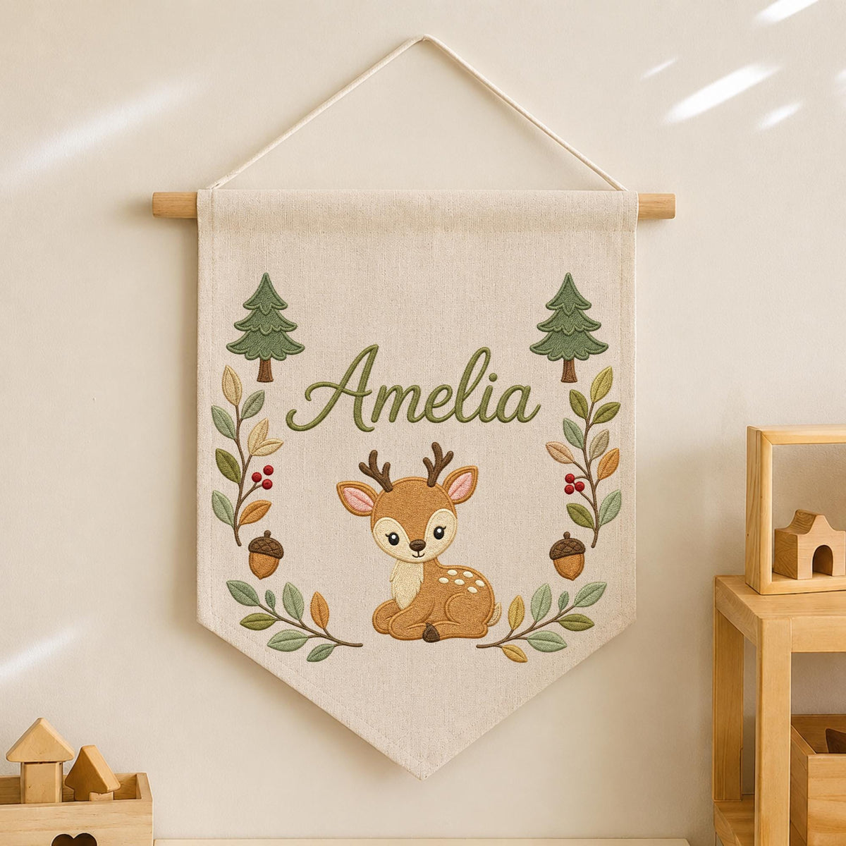 Personalized Embroidered Deer Wall Hanging Banner, Custom Baby Name Sign, Woodland Nursery Decor, Forest Baby Gift, Kids Room Decor