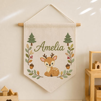 Personalized Embroidered Deer Wall Hanging Banner, Custom Baby Name Sign, Woodland Nursery Decor, Forest Baby Gift, Kids Room Decor