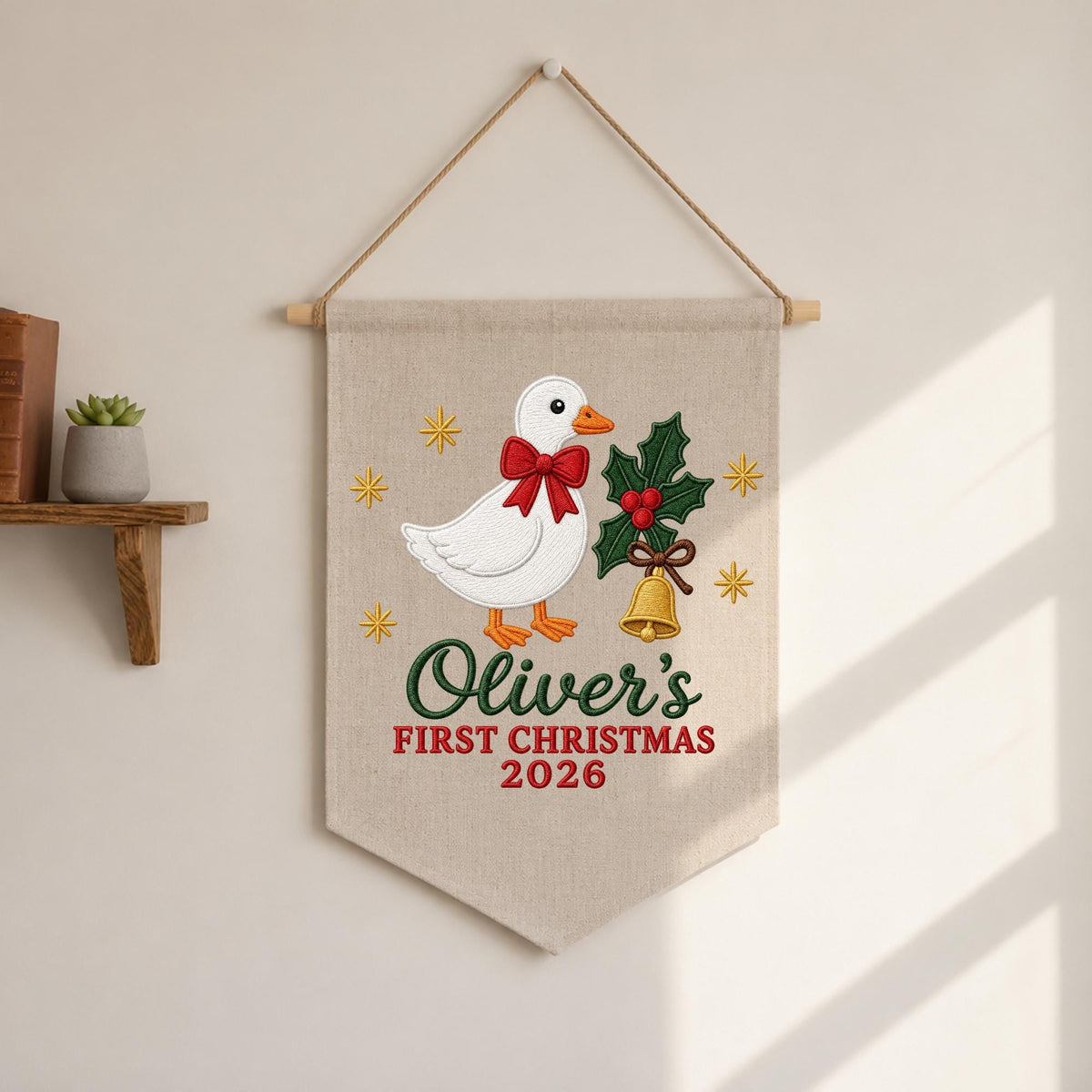 Personalized Christmas Wall Hanging Banner, Embroidered Goose First Christmas Decor, Custom Baby Name Holiday Nursery Gift 2026