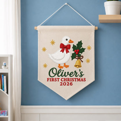 Personalized Christmas Wall Hanging Banner, Embroidered Goose First Christmas Decor, Custom Baby Name Holiday Nursery Gift 2026