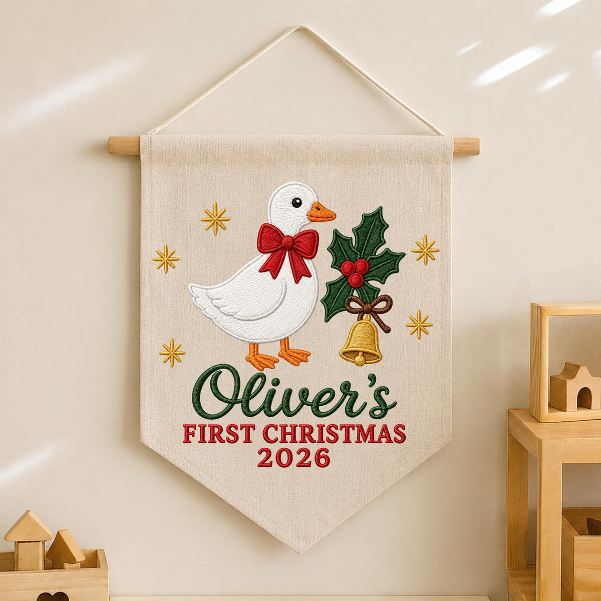 Personalized Christmas Wall Hanging Banner, Embroidered Goose First Christmas Decor, Custom Baby Name Holiday Nursery Gift 2026