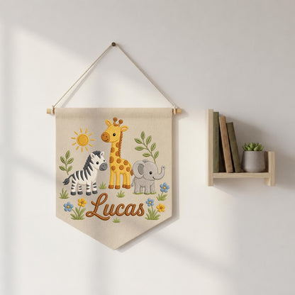 Personalized Safari Nursery Wall Hanging Banner, Custom Baby Name Embroidered Banner, Giraffe Zebra Elephant Nursery Decor