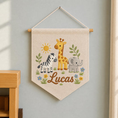 Personalized Safari Nursery Wall Hanging Banner, Custom Baby Name Embroidered Banner, Giraffe Zebra Elephant Nursery Decor