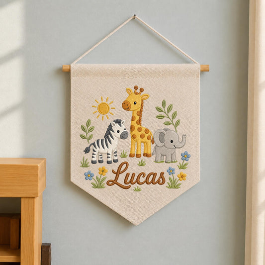 Personalized Safari Nursery Wall Hanging Banner, Custom Baby Name Embroidered Banner, Giraffe Zebra Elephant Nursery Decor