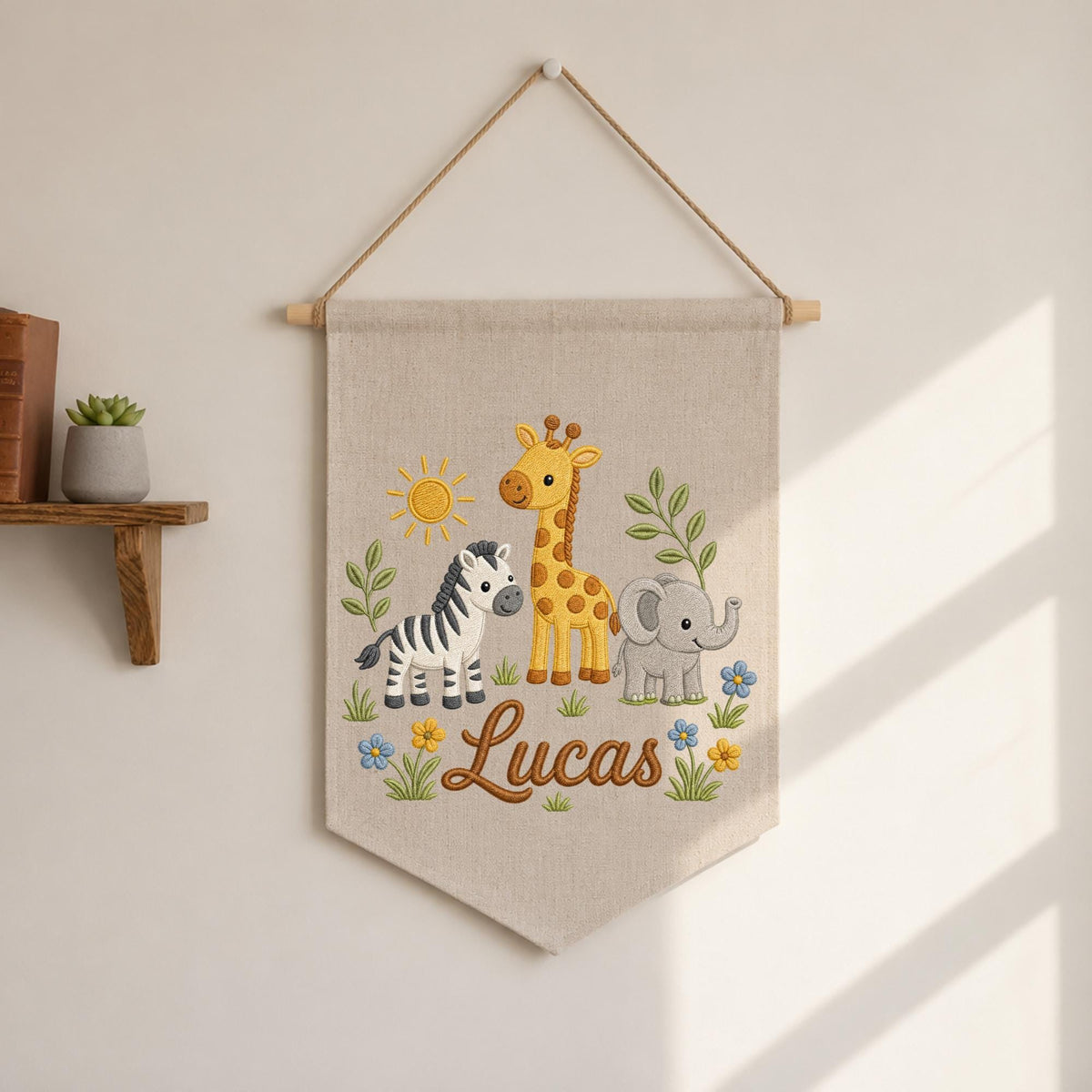 Personalized Safari Nursery Wall Hanging Banner, Custom Baby Name Embroidered Banner, Giraffe Zebra Elephant Nursery Decor