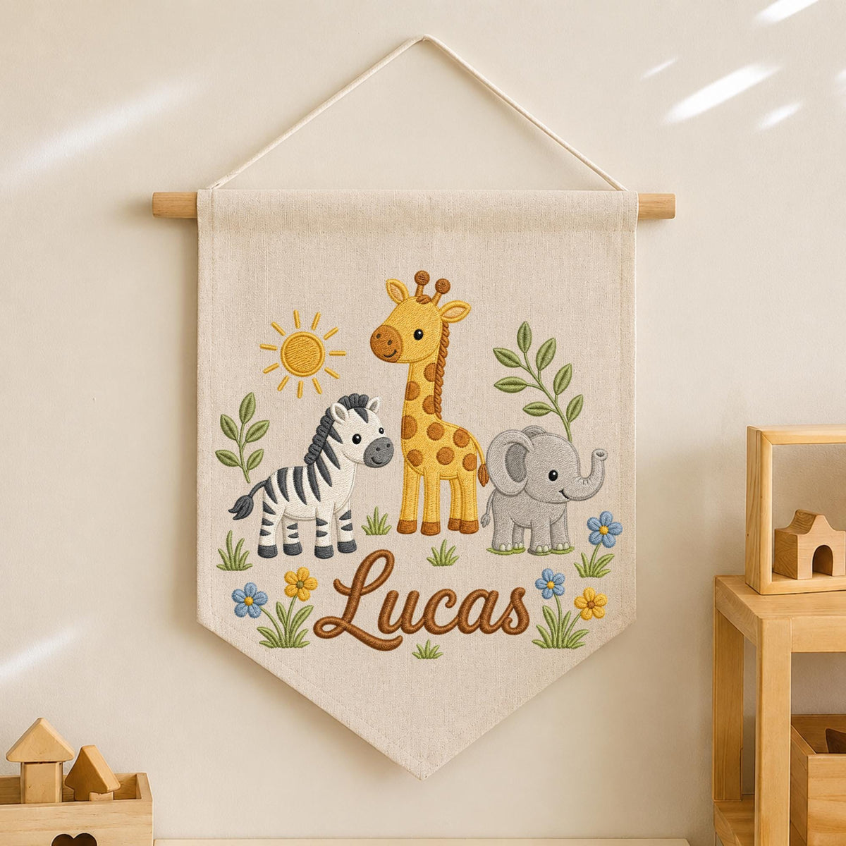Personalized Safari Nursery Wall Hanging Banner, Custom Baby Name Embroidered Banner, Giraffe Zebra Elephant Nursery Decor