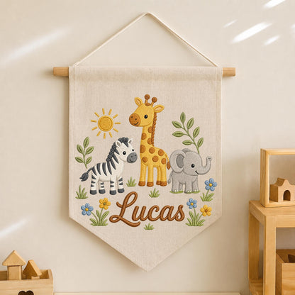 Personalized Safari Nursery Wall Hanging Banner, Custom Baby Name Embroidered Banner, Giraffe Zebra Elephant Nursery Decor