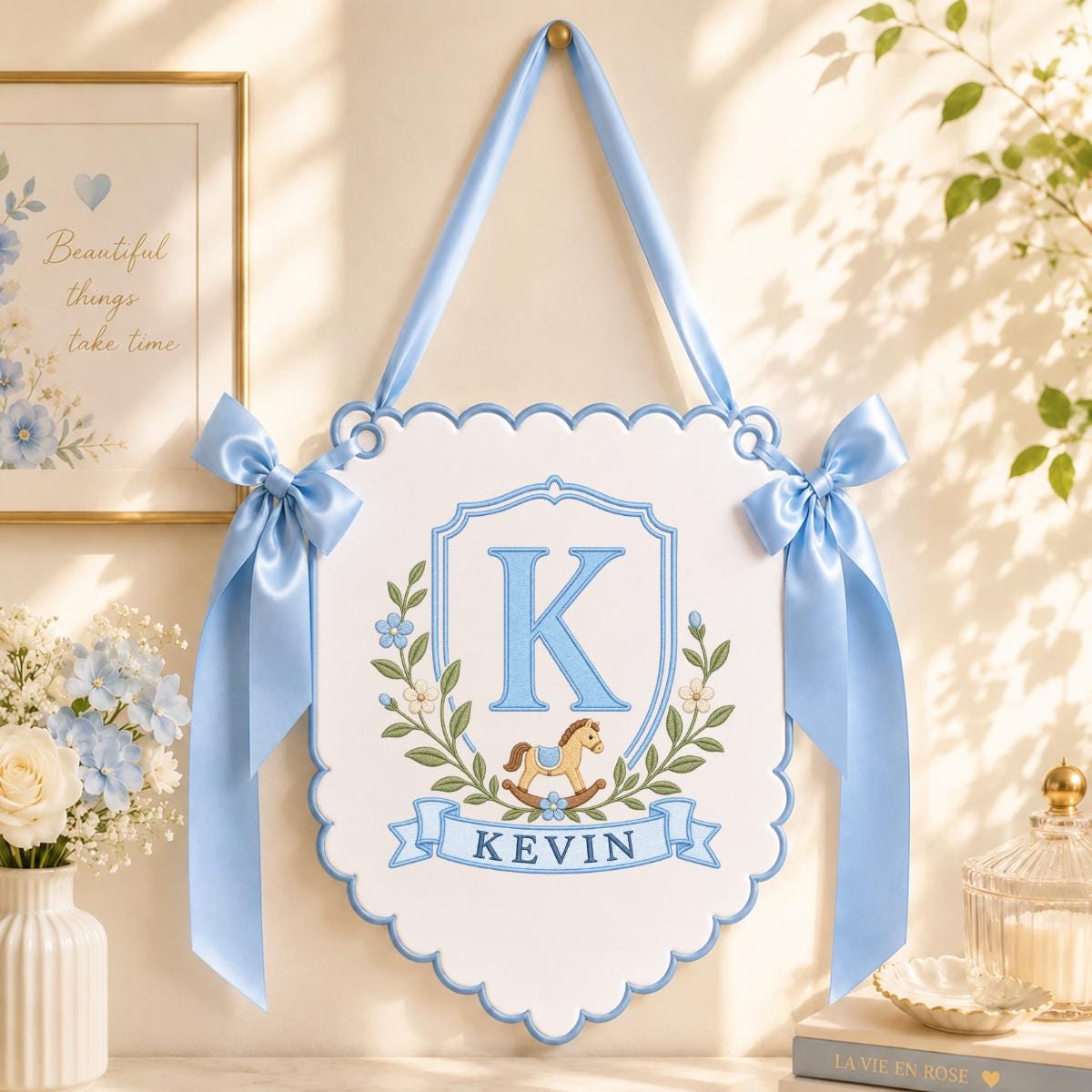 Baby Boy Nursery Decor, Custom Name Banner, Rocking Horse Wall Ornament, Scalloped Nursery Hanging, Personalized Baby Shower Gift