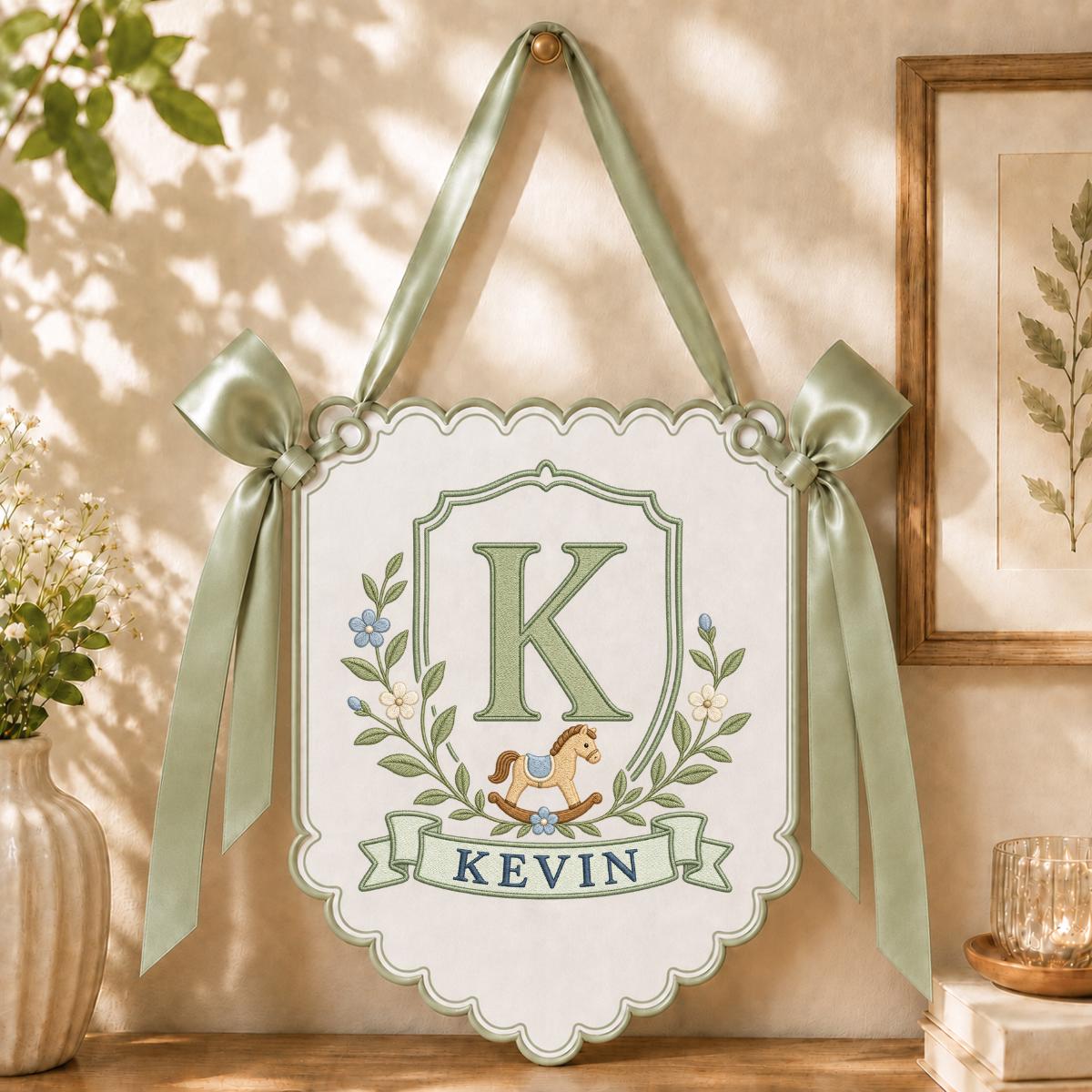 Baby Boy Nursery Decor, Custom Name Banner, Rocking Horse Wall Ornament, Scalloped Nursery Hanging, Personalized Baby Shower Gift