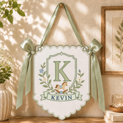 Baby Boy Nursery Decor, Custom Name Banner, Rocking Horse Wall Ornament, Scalloped Nursery Hanging, Personalized Baby Shower Gift