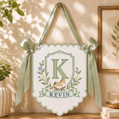 Baby Boy Nursery Decor, Custom Name Banner, Rocking Horse Wall Ornament, Scalloped Nursery Hanging, Personalized Baby Shower Gift