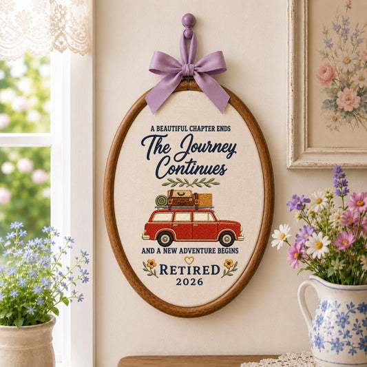 Personalized Happy Retirement 2026 Oval Hoop Decor, The Journey Continues Adventure Vintage Car Luggage Wall Sign, Coworker Leaving Gift