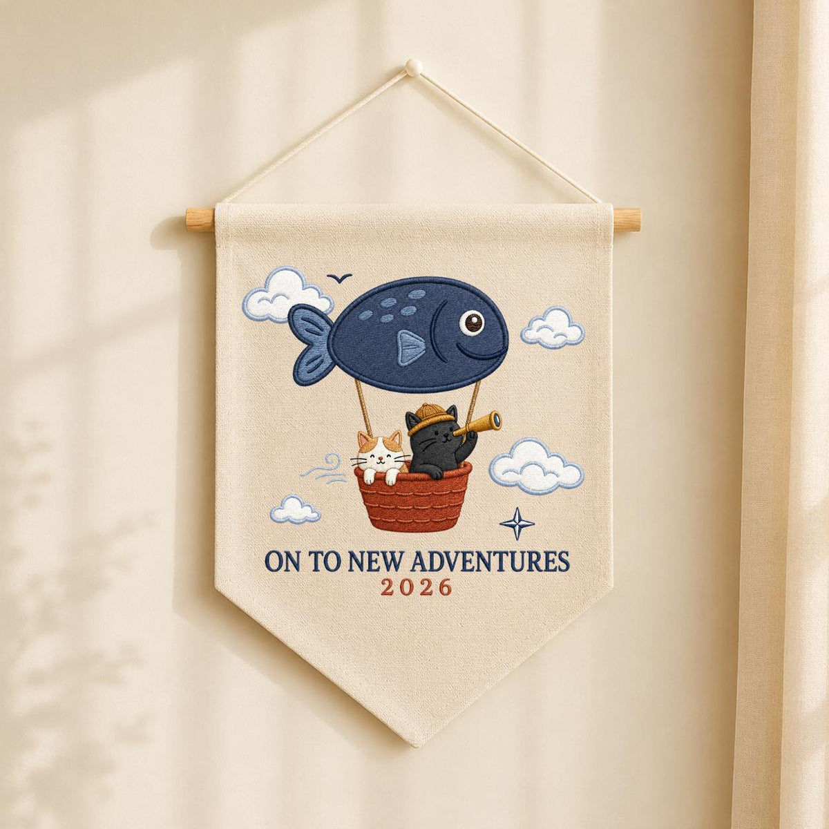 Custom Year On To New Adventures Embroidered Canvas Pennant Banner, Cute Cat Explorer Fish Balloon Adventure Wall Hanging Decor, Gift