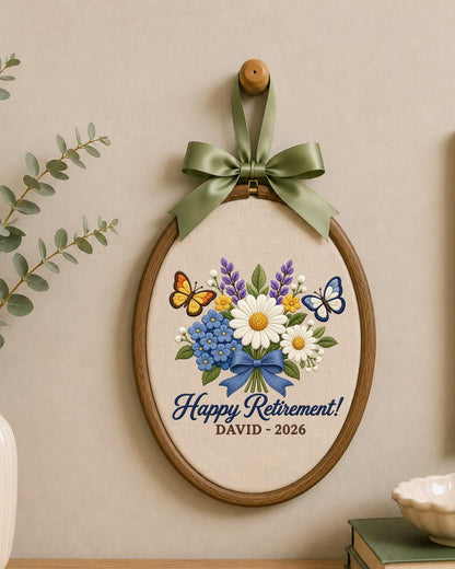 Personalized Retirement Embroidered Ornament, Custom Name Retirement Gift, Floral Butterfly Hoop, Retirement Keepsake, Coworker Gift