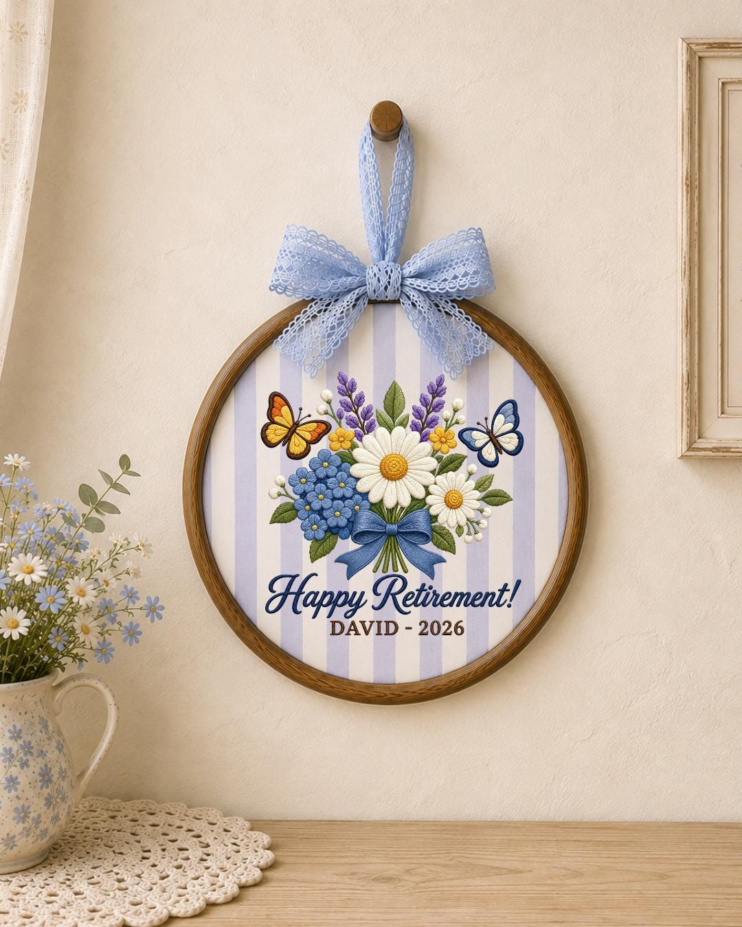 Personalized Retirement Embroidered Ornament, Custom Name Retirement Gift, Floral Butterfly Hoop, Retirement Keepsake, Coworker Gift