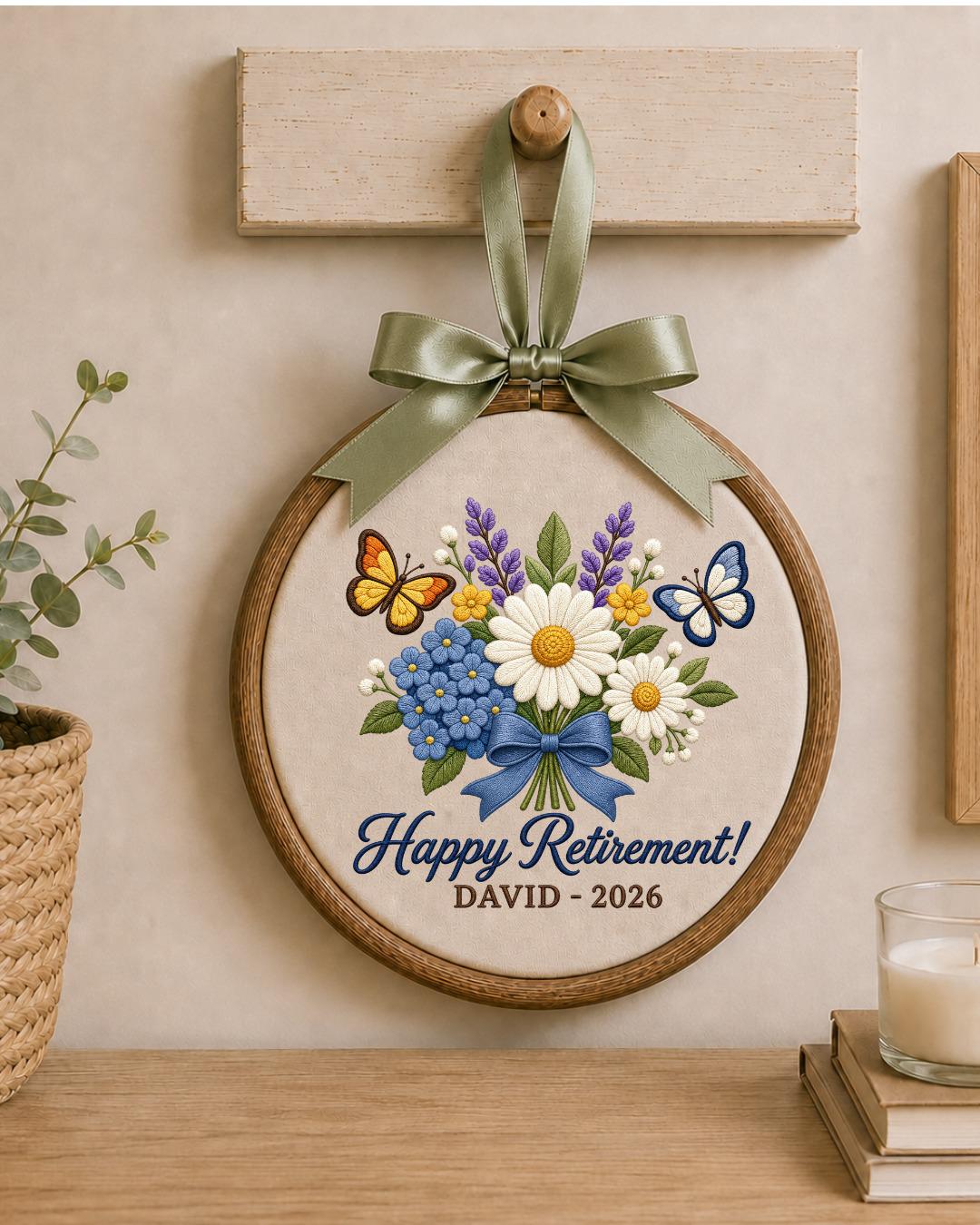 Personalized Retirement Embroidered Ornament, Custom Name Retirement Gift, Floral Butterfly Hoop, Retirement Keepsake, Coworker Gift