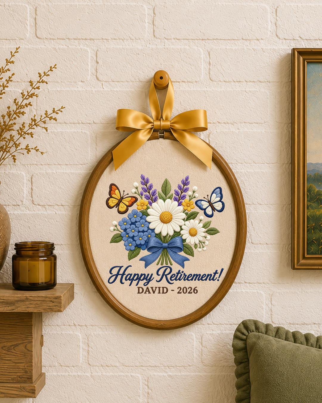 Personalized Retirement Embroidered Ornament, Custom Name Retirement Gift, Floral Butterfly Hoop, Retirement Keepsake, Coworker Gift