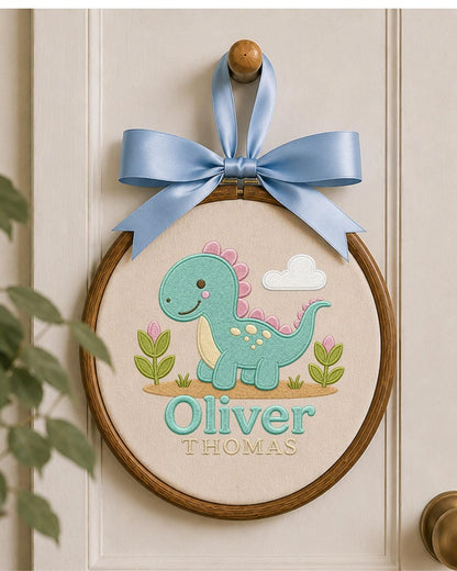 Personalized Dinosaur Embroidered Ornament, Custom Baby Name Hoop, Cute Dino Nursery Decor, Baby Boy Gift, Newborn Keepsake