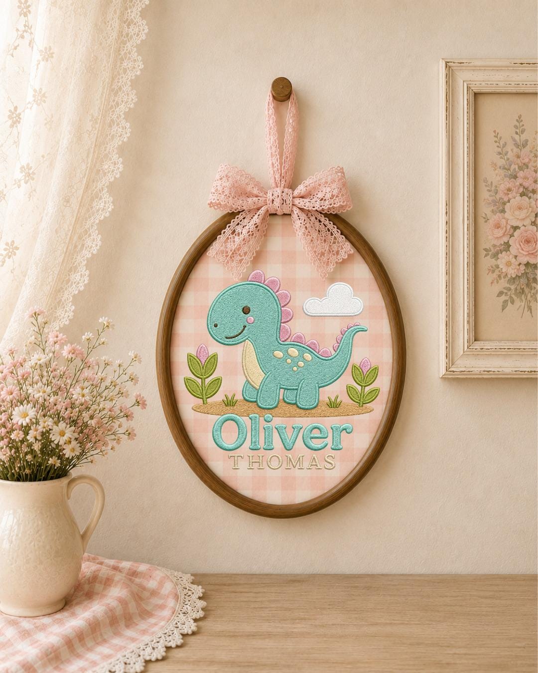 Personalized Dinosaur Embroidered Ornament, Custom Baby Name Hoop, Cute Dino Nursery Decor, Baby Boy Gift, Newborn Keepsake