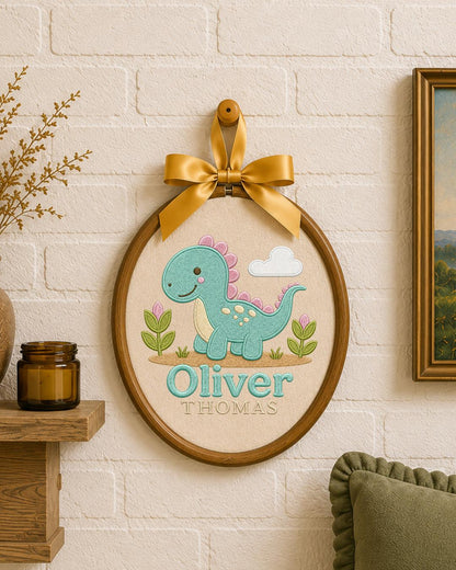 Personalized Dinosaur Embroidered Ornament, Custom Baby Name Hoop, Cute Dino Nursery Decor, Baby Boy Gift, Newborn Keepsake